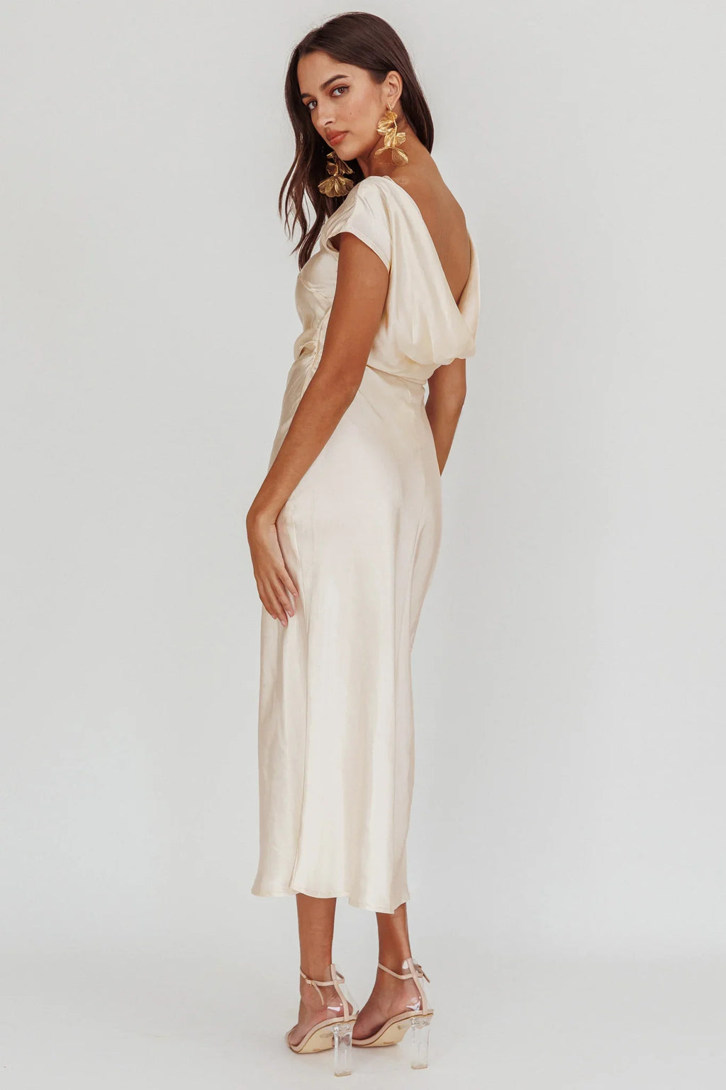 Loveland Cap Sleeve Cowl Back Midi Dress Oyster