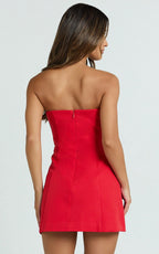 Catharine Mini Dress - Strapless A Line Dress in Red