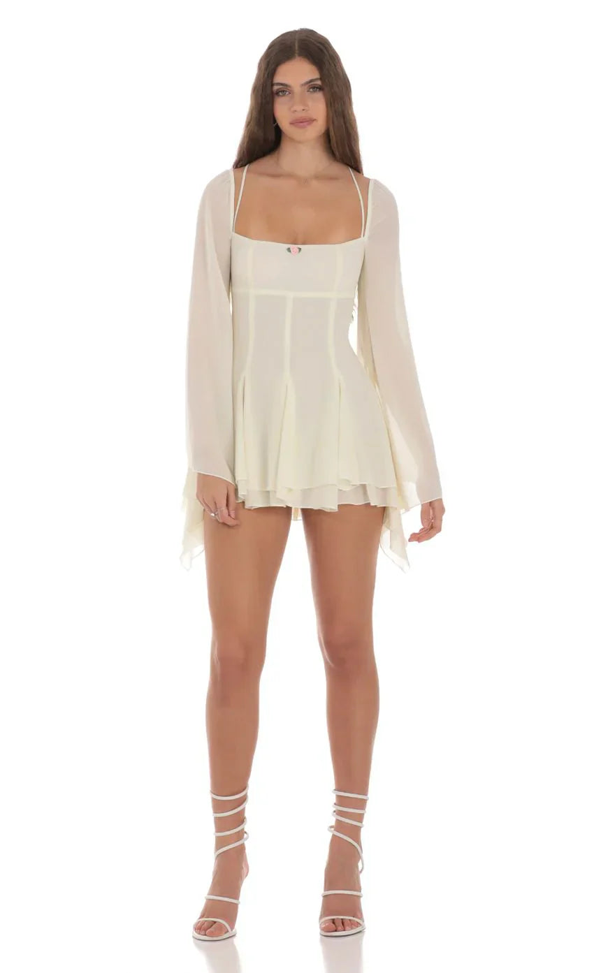 Chiffon Flare Sleeve A-line Dress in Cream