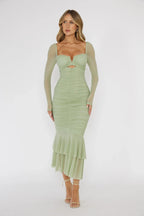 Nadia Long Sleeve Fishtail Midi Dress Mint