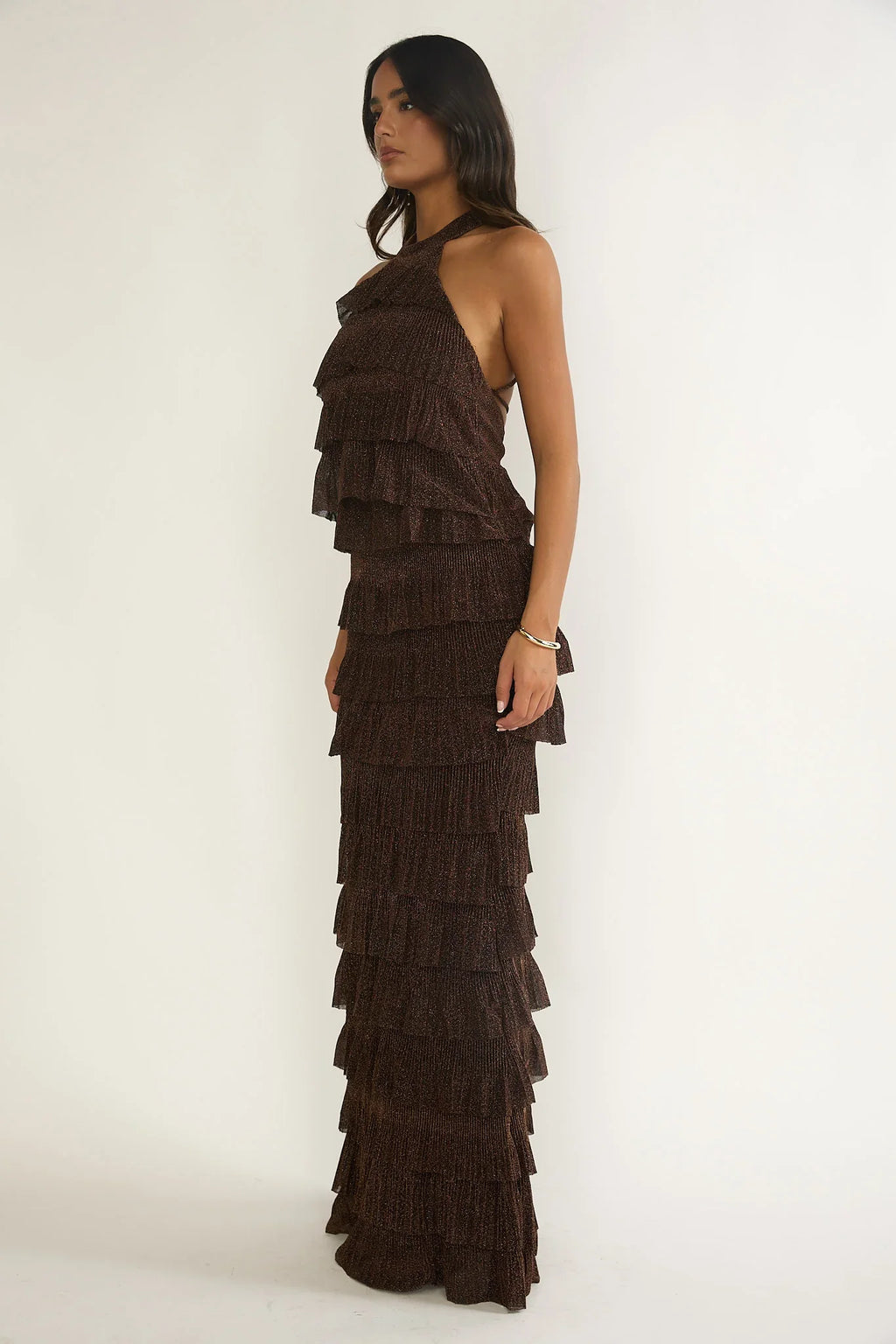 Kaelia Tiered Halter Maxi Dress Sparkle Brown