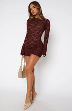 Naughty Or Nice Long Sleeve Lace Mini Dress Burgundy