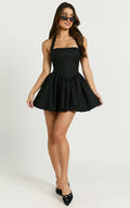 Helda Mini Dress - Halter Tie Neck Corset Panel Dress in Black