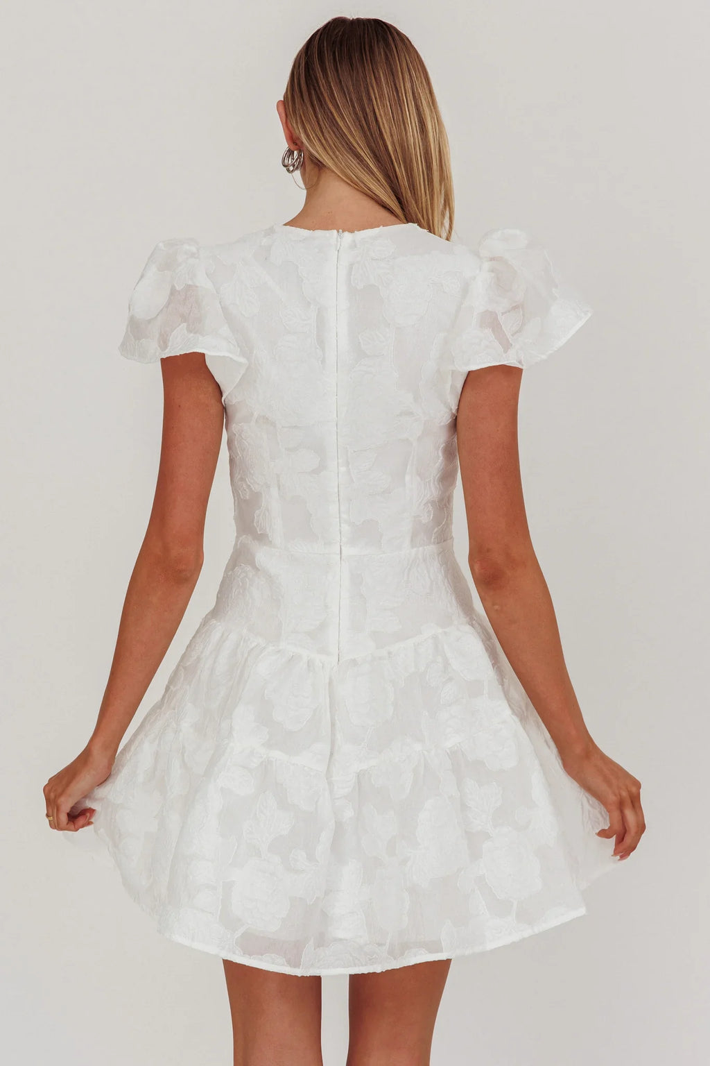 Irenna Ruffle Sleeve V-Neck Mini Dress Textured White