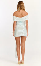 Myra Mini Dress - Off Shoulder Draped Sequin Dress in Soft Blue