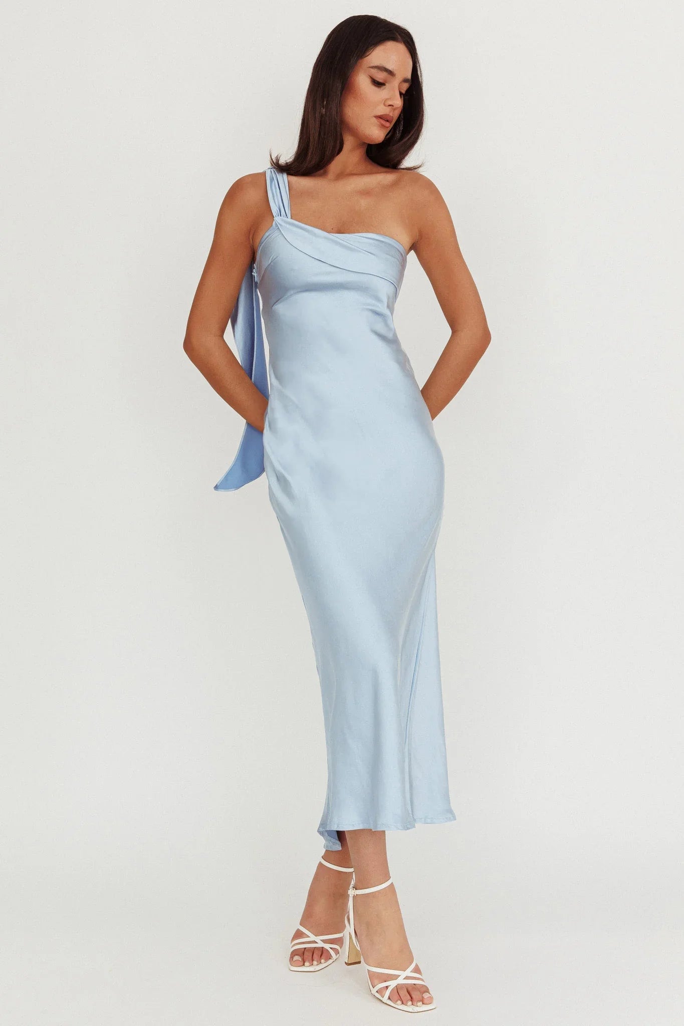 Carmel One-Shoulder Sash Maxi Dress Baby Blue