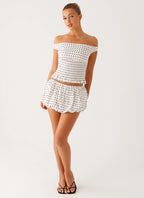 Heather Off Shoulder Top - White Black Polka Dot