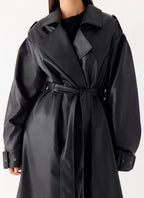 Out On The Town Faux Leather Midi Trench - Black