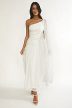 Zorina One-Shoulder Drape Maxi Dress Silver
