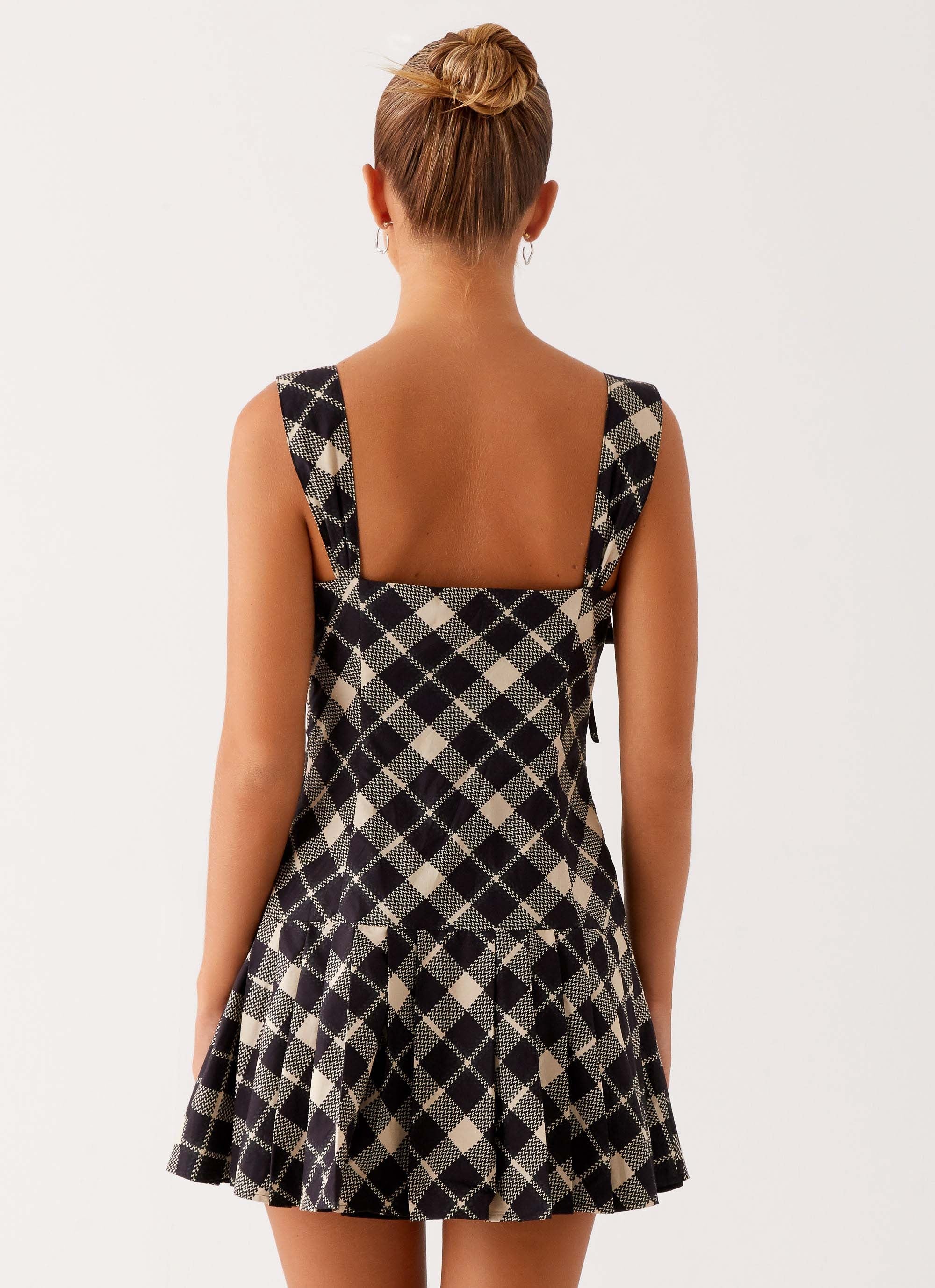 Tuni Cotton Mini Dress - Taupe Check