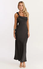 Calix Midi Dress - One Shoulder Slip Dress in Black