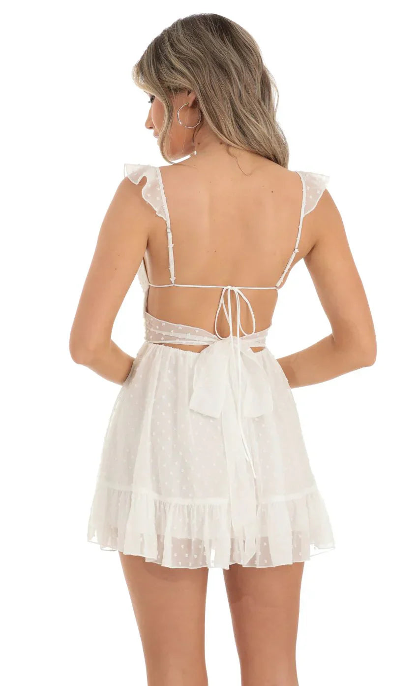 Dotted Chiffon Fit and Flare Dress in White