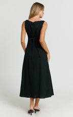 Cameron Midi Dress - Button Front Tie Back Dress in Black