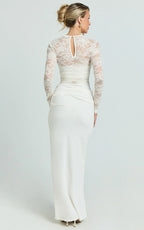 Crisanta Maxi Dress - Long Sleeve Contrast Lace Bodycon Dress in Ivory