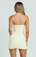 Avery Mini Dress - Strapless Corset Bodice Draped Dress in Lemon
