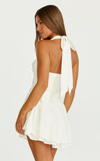 Anya Mini Dress - Halter Neck Gathered Top Drop Waist Fit And Flare Dress in White
