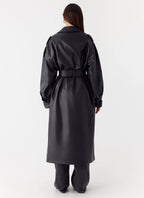 Out On The Town Faux Leather Midi Trench - Black