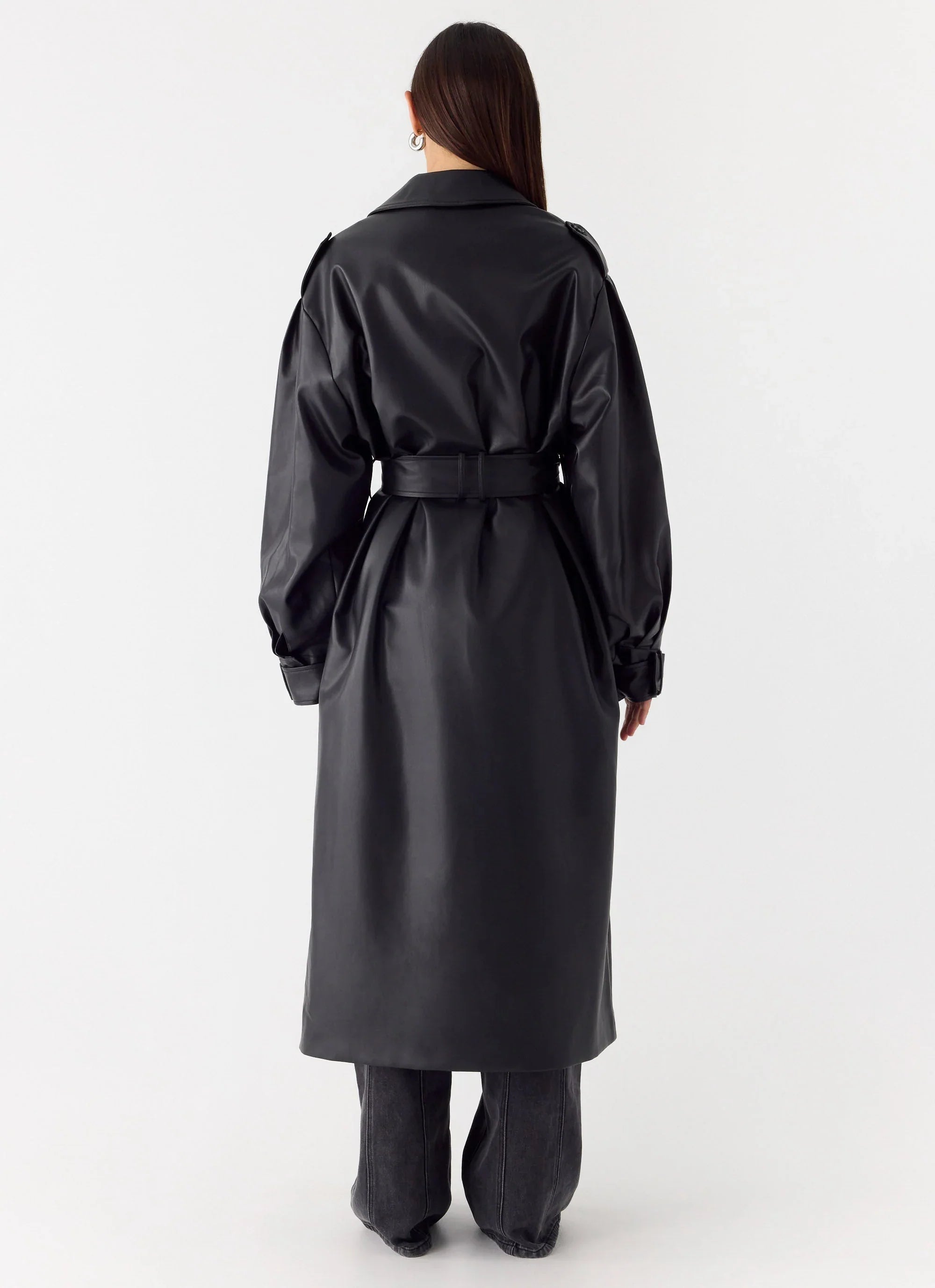 Out On The Town Faux Leather Midi Trench - Black