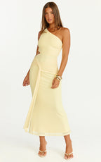 Mandy Midi Dress - Knot Detail Cut Out Mesh Dress in Lemon