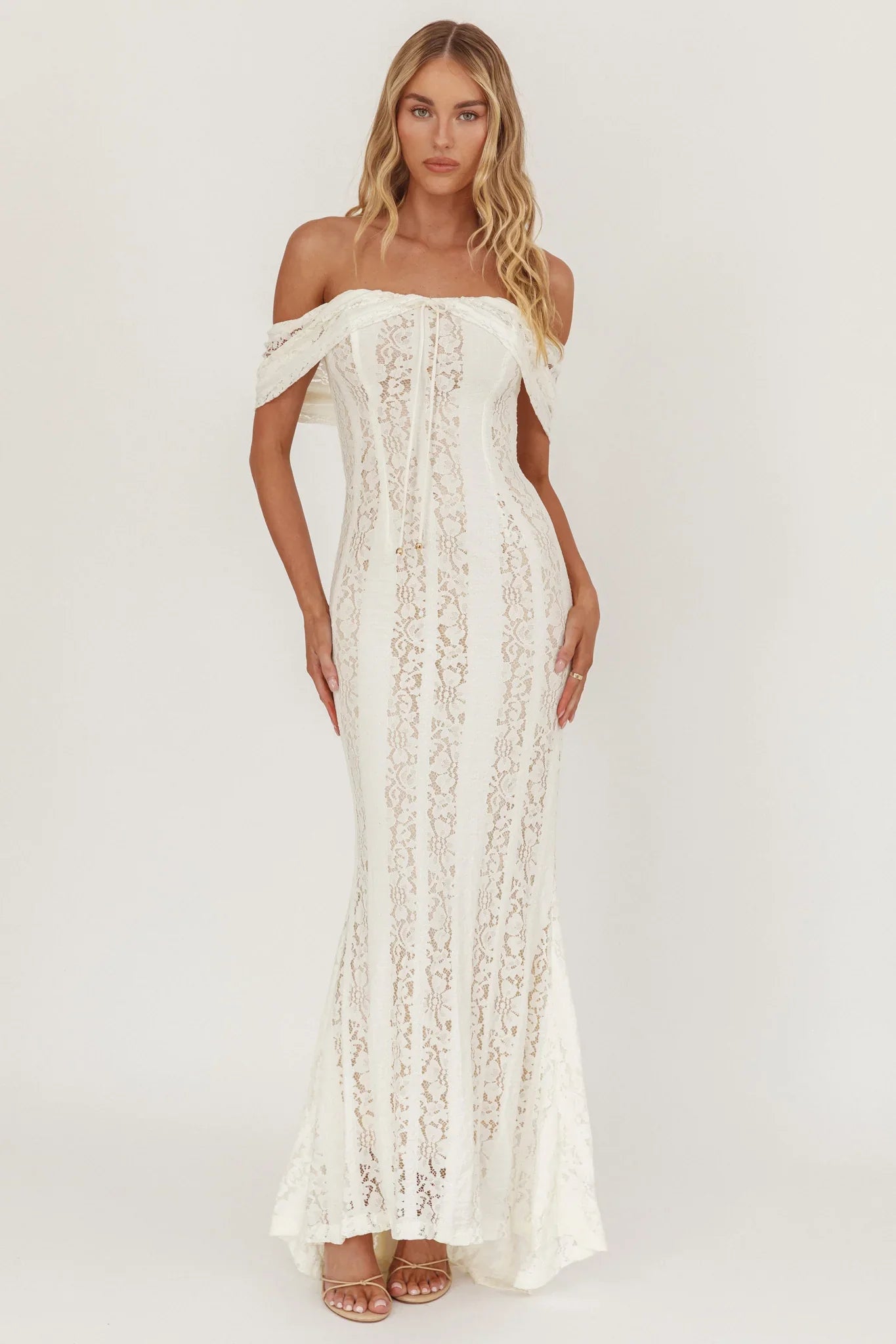 Enigma Off-Shoulder Maxi Dress Lace Cream