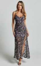 Darlene Midi Dress - Velvet Burnout Slip Cami Dress in Grey