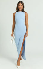 Indi Maxi Dress - Boat Neck Bodycon Dress in Light Blue