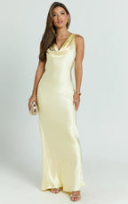 Adilah Maxi Dress - Cowl Neck Satin Dress in Butter Yellow