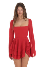 Chiffon Bell Sleeve Dress in Red