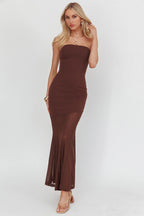 Calluna Strapless Sheer Godet Hem Maxi Dress Chocolate