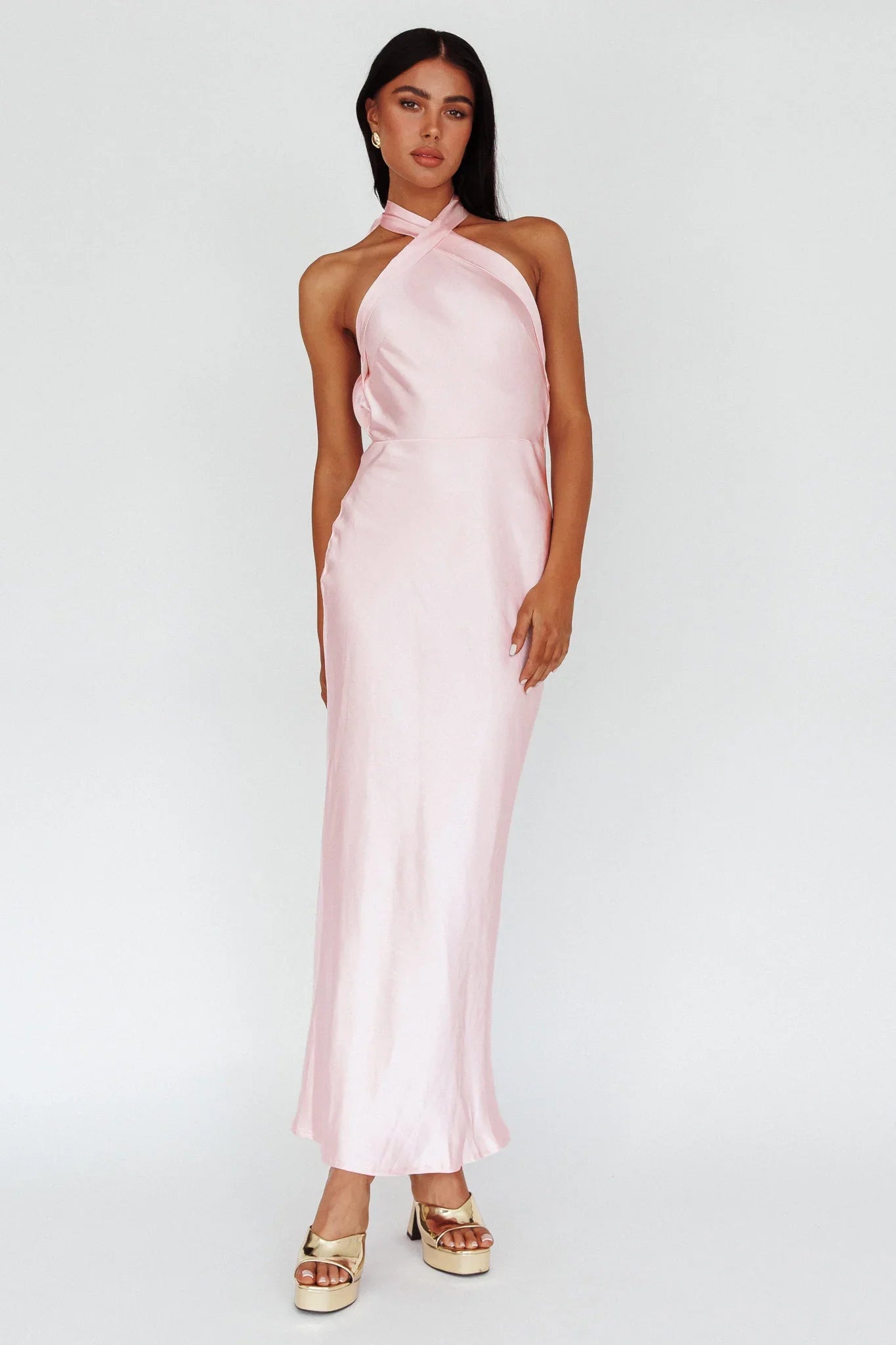 Italia Azure Crossover Halterneck Maxi Dress Pearl