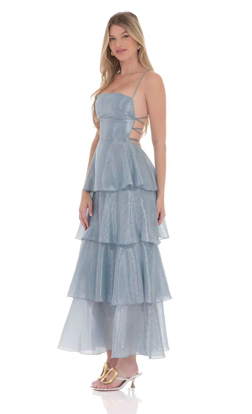 Crinkle Sheen Maxi Dress in Slate Blue