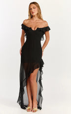 Theadore Maxi Dress - One Shoulder Asymmetric Hem Dress in Black