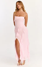 Connie Midi Dress - Ruffle Detail Dress in Pink