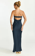 Zaya Midi Dress - Strapless Satin Slip Dress in Navy