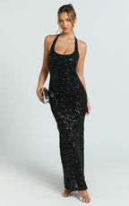 Benny Maxi Dress - Halter Neck Backless Bodycon Dress in Black