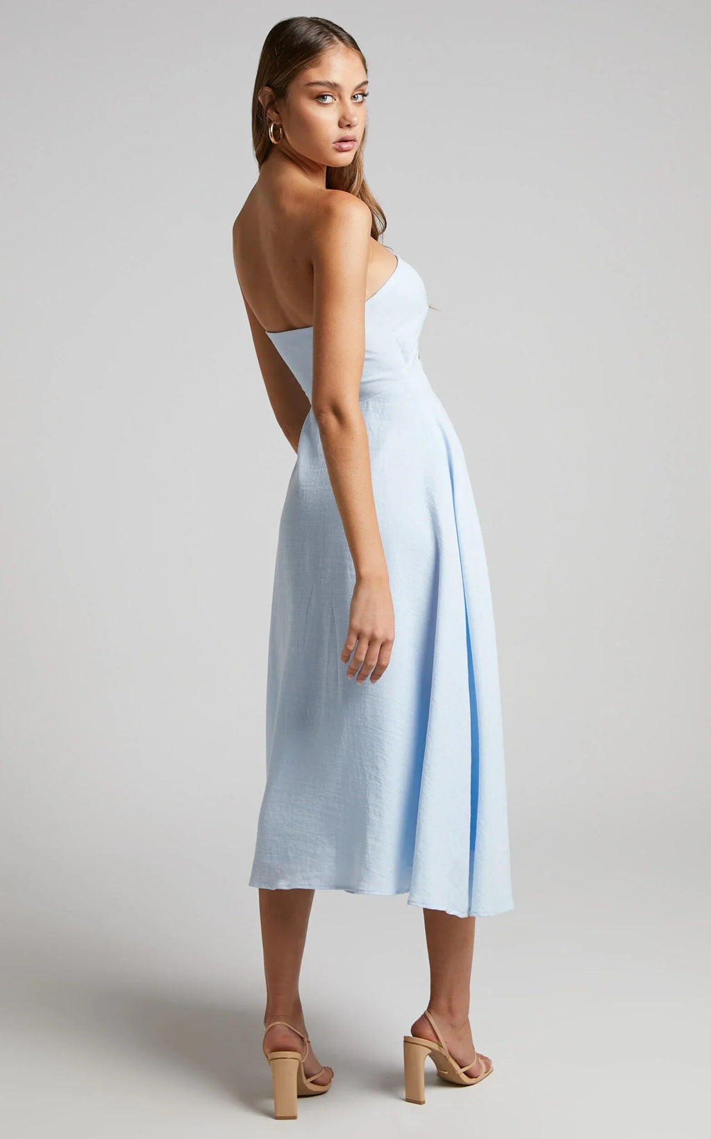 Avie Midi Dress - Twist Strapless Cocktail Dress in Ice Blue