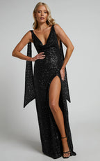 Malisha Maxi Dress - Sequin Cowl Neck Backless Dress in Black