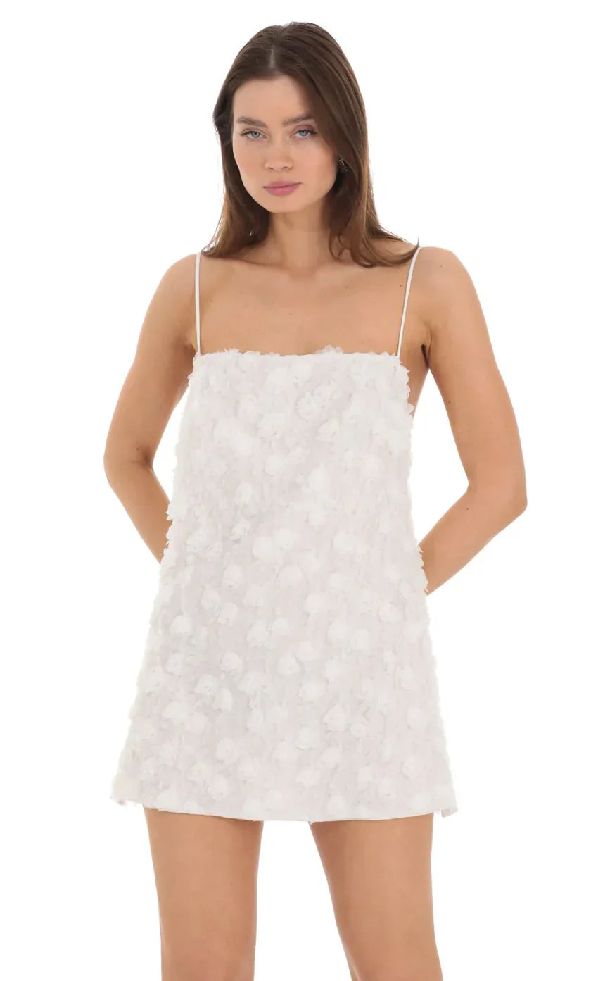 3D Floral Shift Dress in White