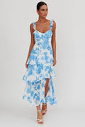 Veda Ruffle Strap Split Maxi Dress Floral White/Blue