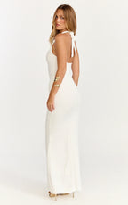 Heath Maxi Dress - Scoop Halter Neck With Drape Front Skirt Back Split Dress in Off White