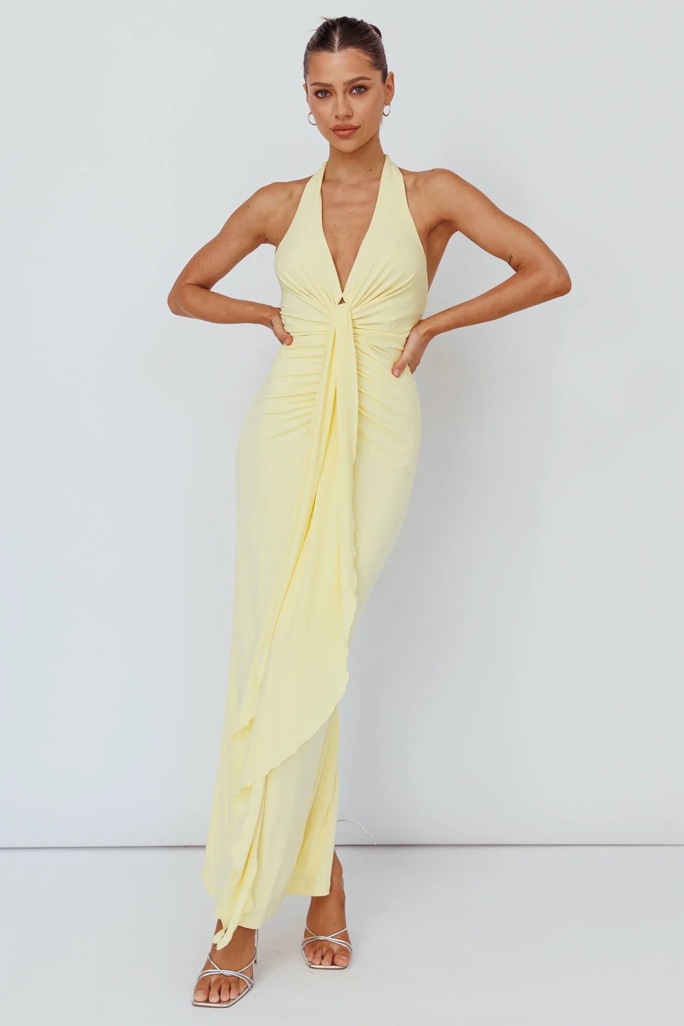 Ray Of Light Ruched Halterneck Maxi Dress Lemon