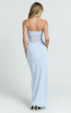 Rania Maxi Dress - Contrast Lace Bodice Bias Cowl Drop Waist Dress in Soft Blue