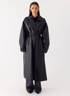 Out On The Town Faux Leather Midi Trench - Black