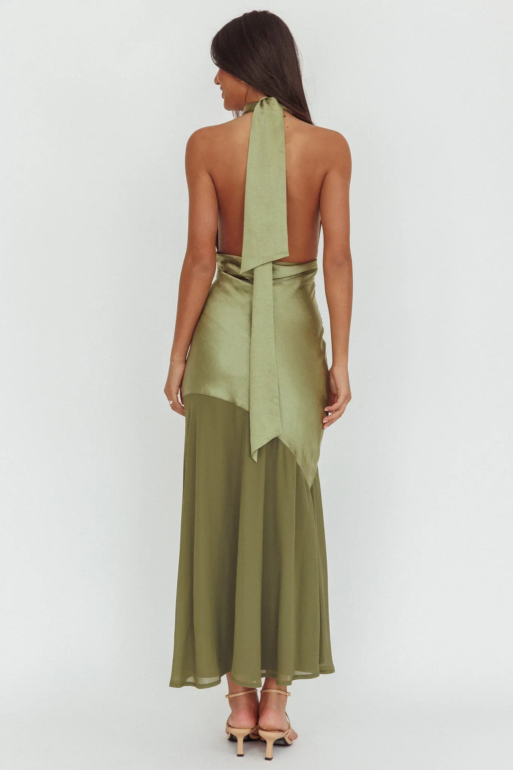 Italia Azure Halterneck Sheer Hem Maxi Dress Olive