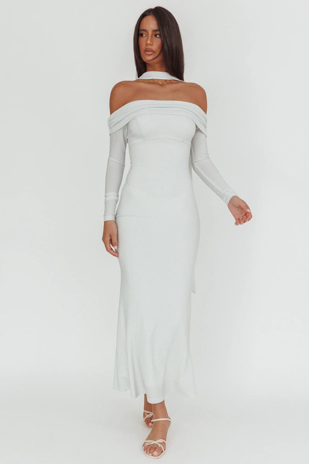 Flutters Off-Shoulder Long Sleeve Maxi Dress White