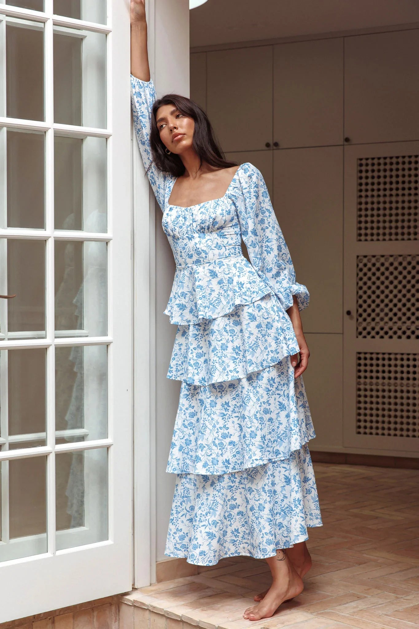 Provence Bloom Long Sleeve Maxi Dress Floral Blue