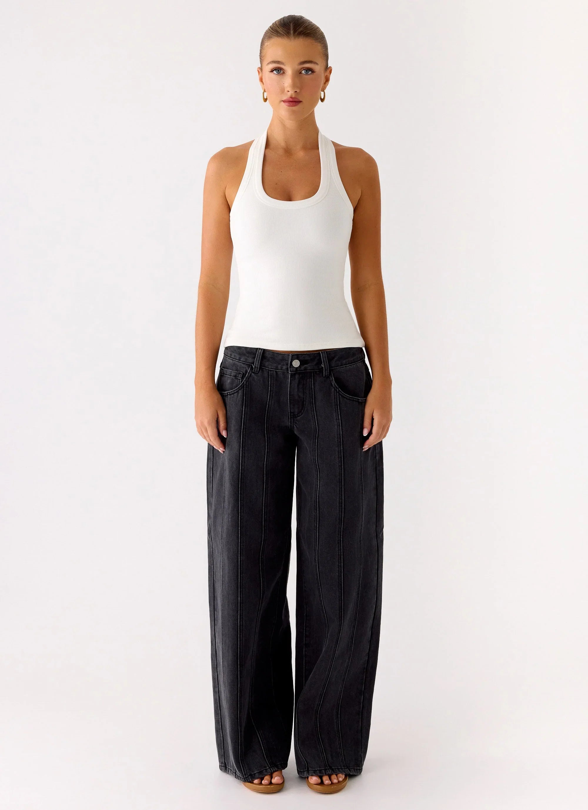 Johnny Low Rise Wide Leg Denim Jeans - Grey Charcoal