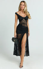 Tatum Midi Dress - Lace Off Shoulder Side Split Dress in Black