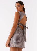 Lotus Tie Back Mini Dress - Chocolate Gingham
