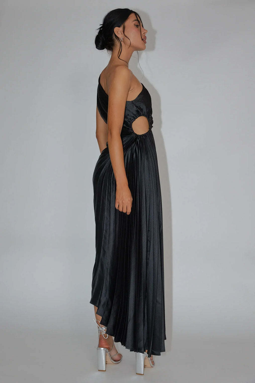 Brooklynn One-Shoulder Accordion Pleat Dress Black